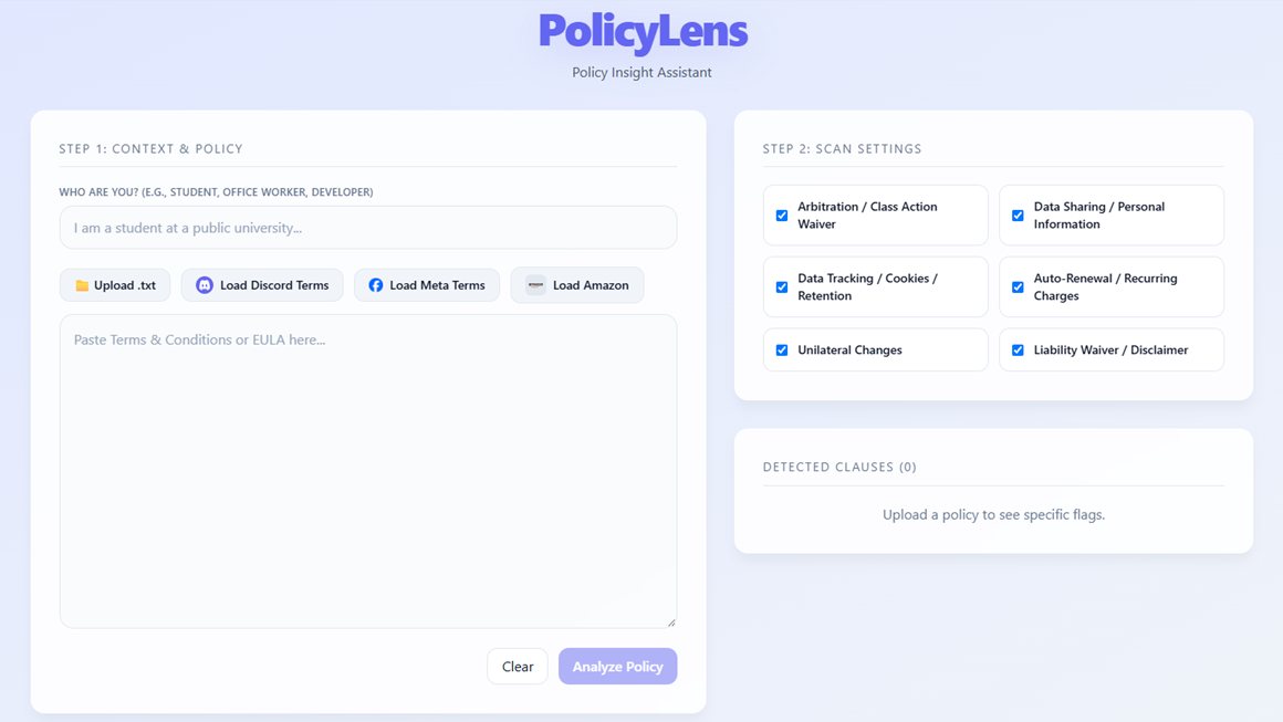 Policy Lens interface with a context field, a Terms of Service input, and clause categories to scan for